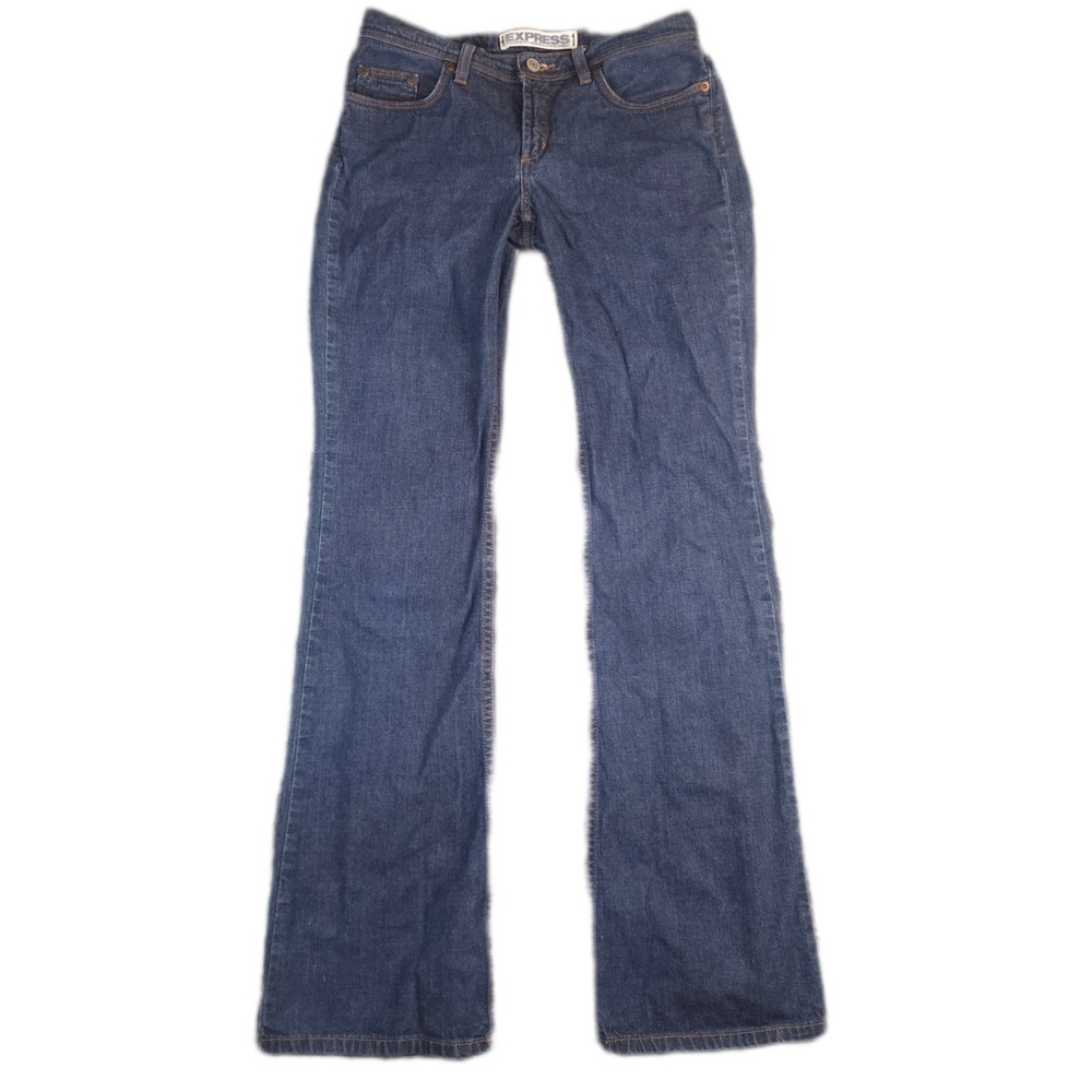 Express Hipster Flare Jeans Womens 1/2 Long Blue‎ Denim Mid Rise Dark Wash Y2K